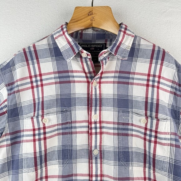 Vintage Polo Sport Ralph Lauren Men's M Red Blue Plaid Linen Blend Camp Shirt - Picture 3 of 9